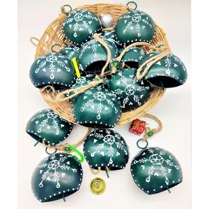 BEHAT BRASS WIND CHIMES - HANGING BELLS 10cm Big Hand Painted Festive Dcor Hanging Bells Set of 10 with Jute Bag Hand Painted (Green 10cm)