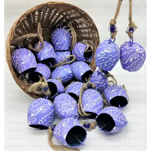 BEHAT BRASS WIND CHIMES - HANGING BELLS 7cm Hand Painted Festive Dcor Hanging Bells Set of 10 with Jute Bag Hand Painted (Purple 7cm)