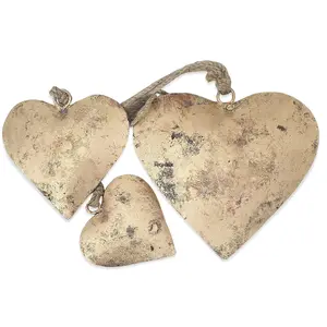 BEHAT BRASS WIND CHIMES - HANGING BELLS Metal Handmade Rustic Heart Shape Set of 3 Rustic Vintage Lucky Hearts On Rope with Jute Bag Wall Hanging Dcor