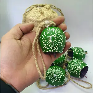 BEHAT BRASS WIND CHIMES - HANGING BELLS 7cm Round Hand Painted Festive Dcor Hanging Bells On Jute Rope Set of 5 with Jute Bag Hand Painted (Green 7cm)