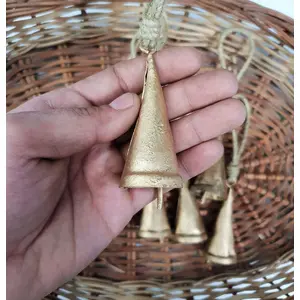 BEHAT BRASS WIND CHIMES - HANGING BELLS 7cm Big Handmade Vintage Rustic Lucky Tin Cone Shaped Cow Bells Set of 10 Festive Dcor Bells with Jute Rope