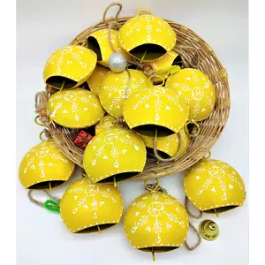 BEHAT BRASS WIND CHIMES - HANGING BELLS Big Hand Painted Tin Hanging Bells with Hand Painted Jute Bag for festive decoration (Yellow 10cm) Set of 10