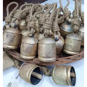 BEHAT BRASS WIND CHIMES - HANGING BELLS 10cm Large Rustic Vintage Lucky Round Cow Bells Set of 20 On Rope Wall Hanging Dcor on Rope with Jute Bag