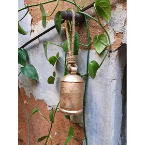 BEHAT BRASS WIND CHIMES - HANGING BELLS 16cm Large Handmade Rustic Vintage Lucky Cow Bells Set of 2 On Rope with Jute Bag Wall Hanging Dcor