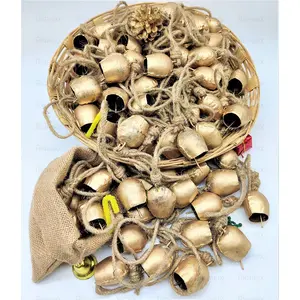 BEHAT BRASS WIND CHIMES - HANGING BELLS 5cm Vintage Rustic Round Tin Bells Wall Hanging Dcor Bells On Jute Rope Set of 100 Indian Handmade Collection with Jute Rope