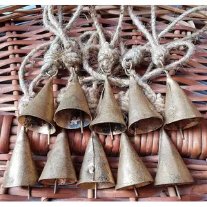 BEHAT BRASS WIND CHIMES - HANGING BELLS 4cm Vintage Rustic Lucky Cone Shaped Tin Cow Bells Set of 10 Handmade Christmas Dcor Bells with Jute Rope