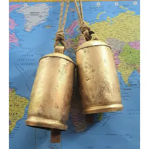 BEHAT BRASS WIND CHIMES - HANGING BELLS 25cm Extra Large Handmade Rustic Vintage Lucky Cow Bells Set of 2 On Rope Wall Hanging Dcor