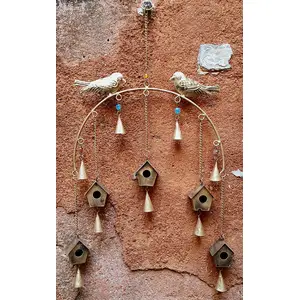 BEHAT BRASS WIND CHIMES - HANGING BELLS Hanging Metal Bird Hut Handmade Rustic Vintage Hangings Charming Bells with Jute Bag Wall Hanging Decor (65cm)