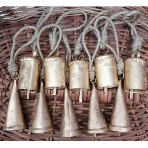 BEHAT BRASS WIND CHIMES - HANGING BELLS 7cm Big Handmade Vintage Rustic Lucky Tin Set of 10 Cone/Cylinder Shaped Cow Bells Festive Dcor Bells with Jute Rope