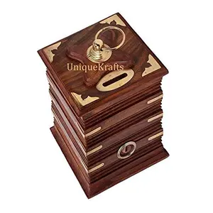 BIJNOR - METAL INLAY IN WOOD Wooden Piggy Bank Square Long Cutter Design Special Adult Piggy Bank Wooden with Lock | Coin Box | Money Bank for Coins and Money for Kids | Money Box for Home Temple | Piggy Bank for adults Child Saving | Wooden Coin box for 