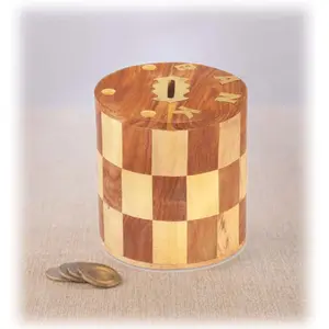 BIJNOR - METAL INLAY IN WOOD Wooden Piggy Bank Coin Storage Adult Piggy Bank Wooden Coin Bank Chess Coin Box Money Bank for Coins and Money for Kids Money Box for Home Temple Piggy Bank for Adults Child Saving