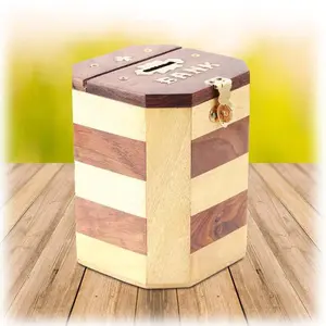 BIJNOR - METAL INLAY IN WOOD Piggy Bank Octagonal Shape Money Bank Adult Piggy Bank Wooden with Brass Lock Wooden Coin Box Money Bank for Coins for Kids Money Box for Home Temple Piggy Bank for Adults Child Saving