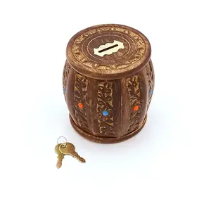 BIJNOR - METAL INLAY IN WOOD Wooden Piggy Bank Round Shape Carving Piggy Bank for Boys Girls and Adults Adult Piggy Bank Wooden Coin Bank Coin Box Money Bank for Coins and Money for Kids Money Box