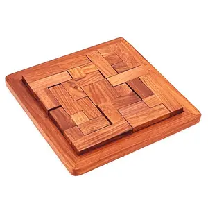 BIJNOR - METAL INLAY IN WOOD Handmade Indian Wood Jigsaw Square Plate 6 Inches Puzzle Toys for Kids | Wooden Puzzle for Child Fun | Wooden 3D Puzzle for Child | Jigsaw Puzzle for Adults | Puzzle for Kids (Brown)