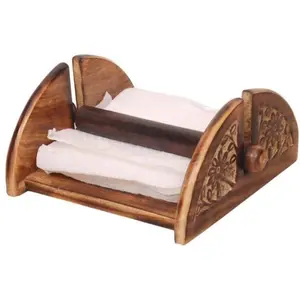 BIJNOR - METAL INLAY IN WOOD Wooden Half Round with Carved and one Rode Antique Napkin Stand Napkin Holder Tissue Paper Holder for Dining Table Tissue Holder for Dining Table Napkin Holder Tissue Rack for Facial Napkins