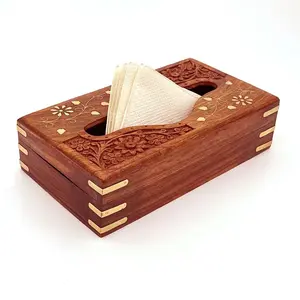 BIJNOR - METAL INLAY IN WOOD Wooden Tissue Box Holder Cover with Velvet Interior 9x5 inch Tissue Holder for Dinning Table Tissue Box Holder Tissue Paper Holder for Facial Napkins Tissue Box for Car(Carving Brass)