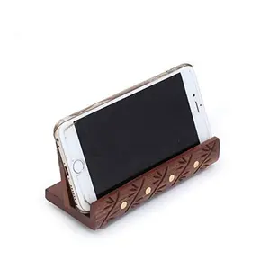 BIJNOR - METAL INLAY IN WOOD Wooden Mobile Stand for Table Long with Brass and Carving Work Wooden Phone Stand Cum Visiting Card Holder for Office Table Wooden Mobile Holder for Office and Home Table
