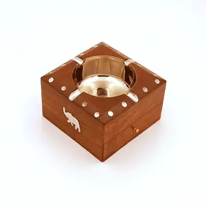 BIJNOR - METAL INLAY IN WOOD Handmade Wooden Ashtray for Men Home Office Car Gifts Square with Drawer and Steel Inlaid Bowl Wooden Ashtray for Office Table Wooden Ashtray for Home Table