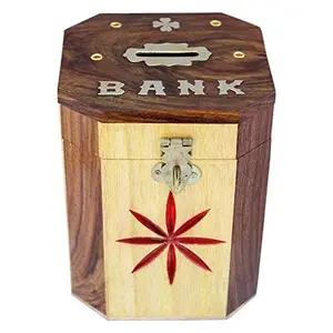 BIJNOR - METAL INLAY IN WOOD Wooden Piggy Bank Octagonal Shaped with Red Cutter Flower Chess Adult Piggy Bank Wooden Mix Design | Coin Box | Money Bank for Coins and Money for Kids | Money Box for Home Temple | Piggy Bank for adults Child Saving | Wooden 