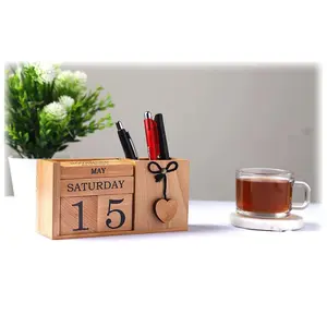 BIJNOR - METAL INLAY IN WOOD Handmade Wooden Desk Organizer Wooden Date Calendar Deck Calendar with Pen Stand Set Pen Stand Business Card Holder with Wooden Calendar for Office Table Accessories