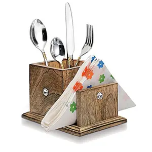 BIJNOR - METAL INLAY IN WOOD Wooden Cutlery Holder Stand Organizer Kitchen Items Napkin Holder Tissue Paper Holder for Dining Table Tissue Holder for Dining Table Tissue Rack for Facial Napkins(Cutlery Stand with Napkin)