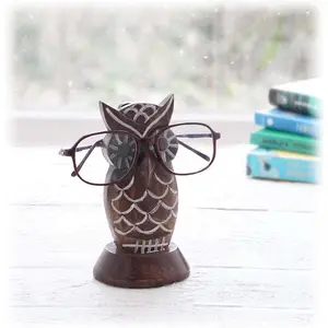 BIJNOR - METAL INLAY IN WOOD Owl Specs Holder Round Base Wooden Specs Stand Holder Spectacle Holder for Office Desk Spectacle Holder for Home Showpiece Wooden Unique Gifts for Men Wooden Googles Holder Decoration Stand