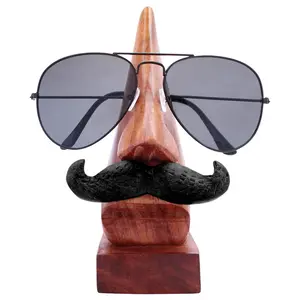 BIJNOR - METAL INLAY IN WOOD Handmade Wooden Nose Shaped Spectacle Specs Eyeglass Holder Stand with Moustache (Standard Size Brown)