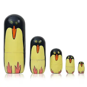 BIJNOR - METAL INLAY IN WOOD Set of 5 Piece Hand Paints Matryoshka Traditional Russian Nesting Stacking Wooden Penguin Nested Dolls for Kids