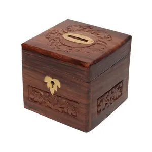BIJNOR - METAL INLAY IN WOOD Piggy Bank Coin Storage 4 Inch Carved Adult Piggy Bank Wooden Coin Bank Coin Box Money Bank for Coins and Money for Kids Money Box for Home Piggy Bank for Adults Child Saving (with Lock)