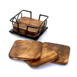 BIJNOR - METAL INLAY IN WOOD Square Shape Iron Coaster with Wooden Plates for Home Table Decoration Wooden Tea Coaster for Office Table Wooden Tea Coasters Set of 6 for Dinning Table Coaster Set