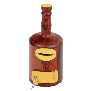 BIJNOR - METAL INLAY IN WOOD Piggy Bank Wine Bottle Shape Money Bank Adult Piggy Bank Wooden with Brass Lock Wooden Coin Box Money Bank for Coins for Kids Money Box for Home Temple Piggy Bank for Adults Child Saving