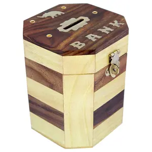 BIJNOR - METAL INLAY IN WOOD Wooden Handmade Money Bank Octagonal Shaped with Chess Mix Design | Coin Box | Money Bank for Coins and Money for Kids and Adult