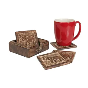 Coasters for Drinks Beer Wine Glass Tea Coffee Cup Mug with Elephant Carving Square 4 Plates Wooden Tea Coaster for Office Table Wooden Tea Coasters Set of 4 for Dinning Table Coaster Set