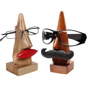 BIJNOR - METAL INLAY IN WOOD Wooden Handmade Spectacle Eyeglass Holder Display Stand Black Much Rosewood & Red Lip Mango-Wood Nose Shaped Set of 2 Specs Holder Specs Holder Standard