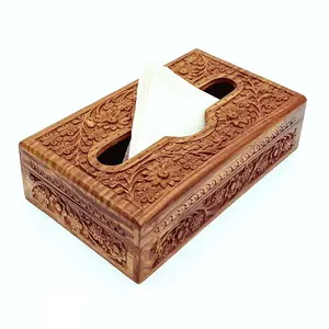 BIJNOR - METAL INLAY IN WOOD Handmade Wooden Napkin Holder Cover with Full Carved Design and Velvet Interior (10 X 6 Inch)