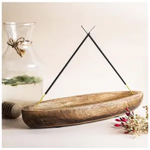 BIJNOR - METAL INLAY IN WOOD Wood Incense Holder and Ash Catcher | Wooden Agarbatti Stand with ash Catcher for Temple | Incense Stick Holder for Home | Agarbatti Stand for Office | Phool Incense Sticks Holder (Boat)