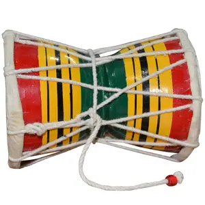 BIJNOR - METAL INLAY IN WOOD Handmade Small Damroo Indian Musical Instrument Damru Gift Set of 2