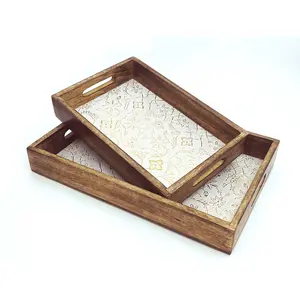 BIJNOR - METAL INLAY IN WOOD Wooden Tray for Serving for Home and Kitchen Wooden Trays for Serving for Office for Snacks Wooden Tray for Kitchen Organizer for Guests Wooden Plate for Dry Fruit Set of 2 Pieces