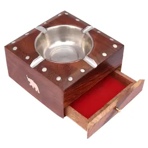 BIJNOR - METAL INLAY IN WOOD Wooden Handmade Ashtray with Cigarette Holder 4 Slots for Home Office Car