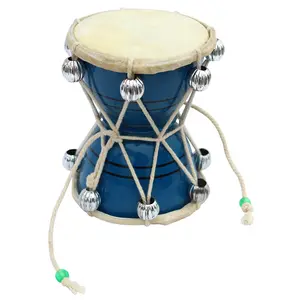 BIJNOR - METAL INLAY IN WOOD Handmade Damroo for Kids Indian Musical Instrument Tourquise Damru Toy Gift