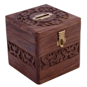 BIJNOR - METAL INLAY IN WOOD Wooden Piggy Bank Storage 4 Inch Fully Carved Coin Bank Adult Piggy Bank Wooden Coin Box Money Bank for Coins and Money for Kids Money Box for Home Temple