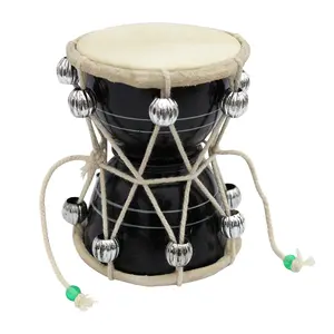 BIJNOR - METAL INLAY IN WOOD Handmade Damroo for Kids Indian Musical Instrument Black Damru Toy Gift
