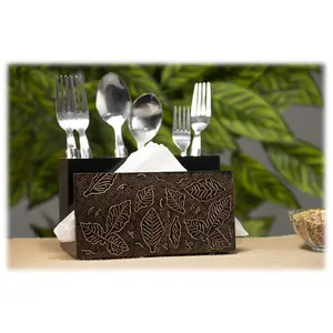 BIJNOR - METAL INLAY IN WOOD Wooden Napkin Stand with Cutlery Holder | Cutlery Stand | Napkin Stand with Spoons for Kitchen | Tissue Paper with Offices Stationary Holder | Spoon Stand for Dining Table (Black)