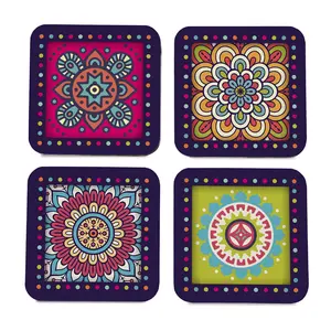 BIJNOR - METAL INLAY IN WOOD Wooden Coaster Set with Gift Box | Multi Mandala Design | Set of 4 Tabletop Square Coasters 3.75" x 3.75" | Kitchen Table Wooden Decorative Items | for Cups Mugs Cans Glasses