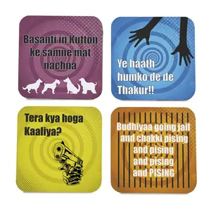BIJNOR - METAL INLAY IN WOOD Wooden Coaster Set with Gift Box | Bollywood Sholay Design | Set of 4 Tabletop Square Coasters 3.75" x 3.75" | Kitchen Table Wooden Decorative Items | for Cups Mugs Cans Glasses