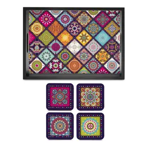 BIJNOR - METAL INLAY IN WOOD Tray & Coaster Set Multi Mandala Design - Combo Offer. Kitchen Dining Serving & Desk Set of 1 Tray 10" x 14" and 4 Tabletop Square Drinks Coasters 3.75" x 3.75" Made in Wood
