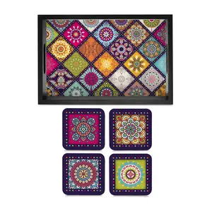 BIJNOR - METAL INLAY IN WOOD Tray & Coaster Set Multi Mandala Design - Combo Offer. Kitchen Dining Serving & Desk Set of 1 Tray 8" x 12" and 4 Tabletop Square Drinks Coasters 3.75" x 3.75" Made in Wood