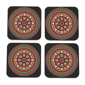 BIJNOR - METAL INLAY IN WOOD Wooden Coaster Set with Gift Box | Red Mandala Design | Set of 4 Tabletop Square Coasters 3.75" x 3.75" | Kitchen Table Wooden Decorative Items | for Cups Mugs Cans Glasses