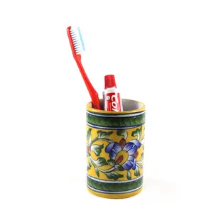 KHURJA POTTERY Ceramic Pottery Art Hand Painted Handmade Decorative Bathroom Toothbrush Stand Holder (Yellow)