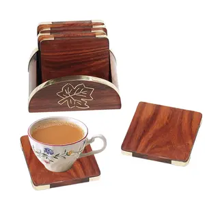 BIJNOR - METAL INLAY IN WOOD Handmade Wooden Tea Coaster Set of 6 Round Handicraft with Brass Decor Cattle Shape etc. (Leaf Coaster)